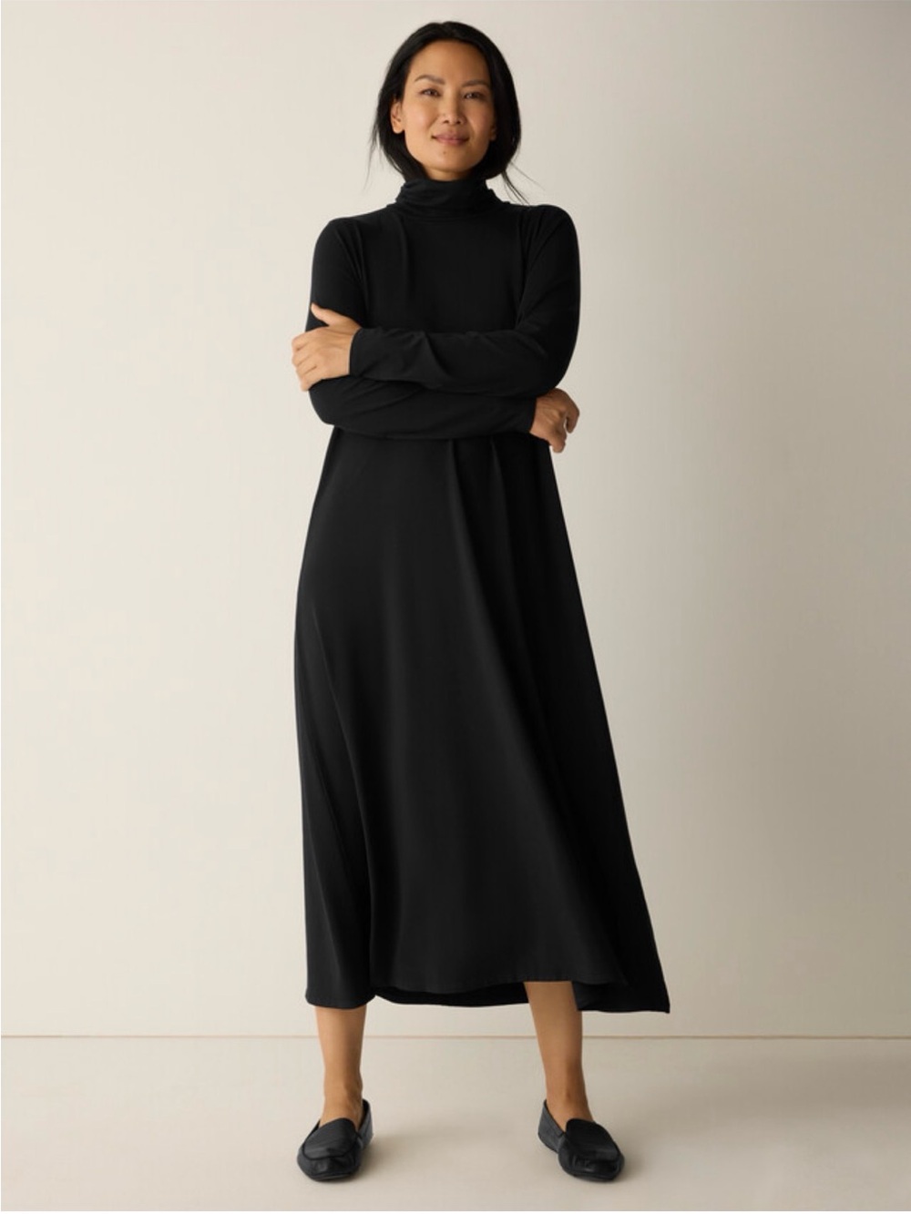 Eileen Fisher Stretch Jersey Knit Long Sleeve Black Turtleneck Maxi Dress